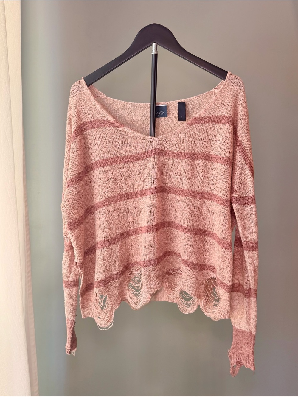 Daytrip Women's S Pink Striped Knit Distressed Pullover Sweater Y2K Fairy Grunge